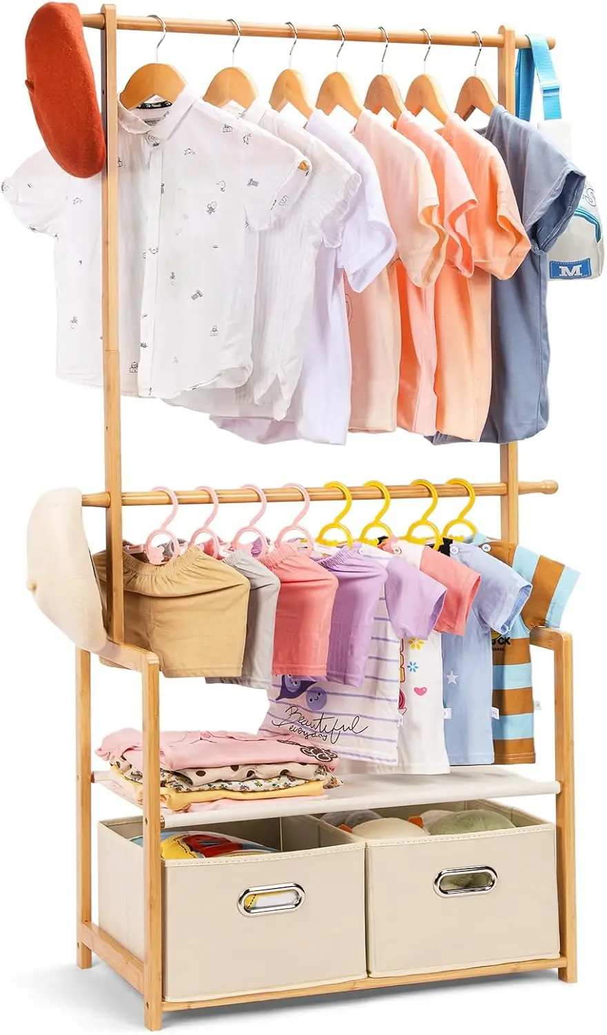 Bamboo Kids Clothing Rack with 2 Storage Baskets, Adjustable Hanging Rods and Shelf for Playroom
Bamboo Kids Clothing Rack with 2 Storage Baskets, Adjustable Hanging Rods and Shelf for Playroom