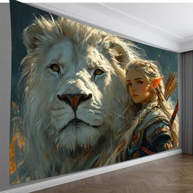Mythical White Lion & Elf Tapestry - Fantasy Art Wall Hanging for Room Decor
Mythical White Lion & Elf Tapestry - Fantasy Art Wall Hanging for Room Decor