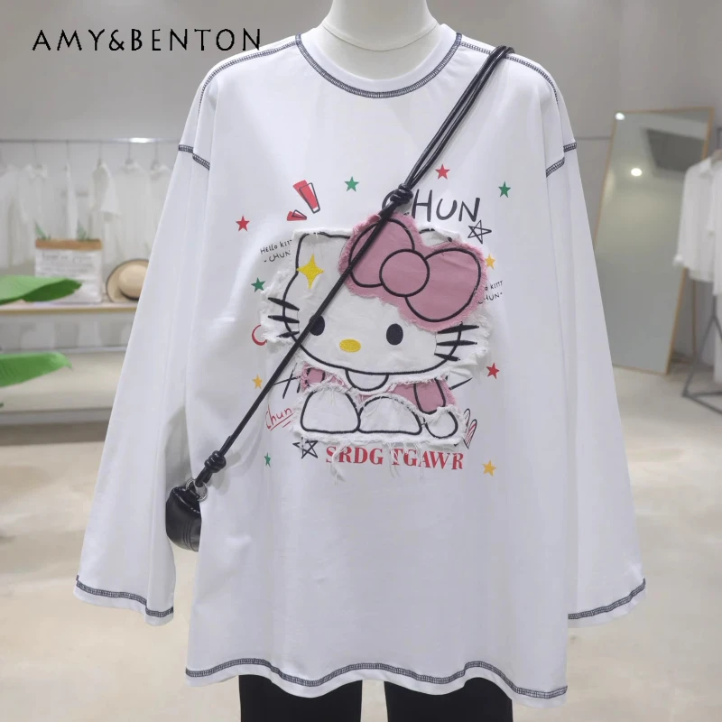 Color-Block Stitching Age-Reducing Cartoon Embroidered T-shirt Autumn Loose Mid-Length Cotton Long Sleeved O-Neck T-shirt Female
Color-Block Stitching Age-Reducing Cartoon Embroidered T-shirt Autumn Loose Mid-Length Cotton Long Sleeved O-Neck T-shirt Female