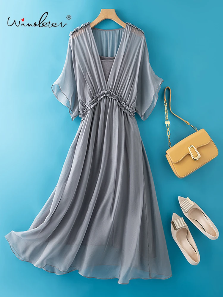 Winsleter-Women's 100%Real Silk Elegant Dress, V Neck Short Sleeve Solid, Beach Vacation Fairy Dresses, 2025 Summer New D57340CC
Winsleter-Women's 100%Real Silk Elegant Dress, V Neck Short Sleeve Solid, Beach Vacation Fairy Dresses, 2025 Summer New D57340CC