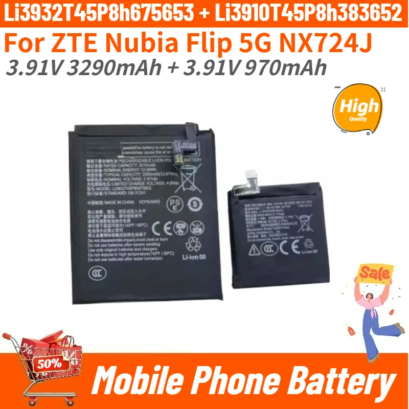 Li3932T45P8h675653 Li3910T45P8h383652 High Quality Phone Battery 3290mAh 970mAh for ZTE Nubia Flip 5G NX724J Brand New
Li3932T45P8h675653 Li3910T45P8h383652 High Quality Phone Battery 3290mAh 970mAh for ZTE Nubia Flip 5G NX724J Brand New