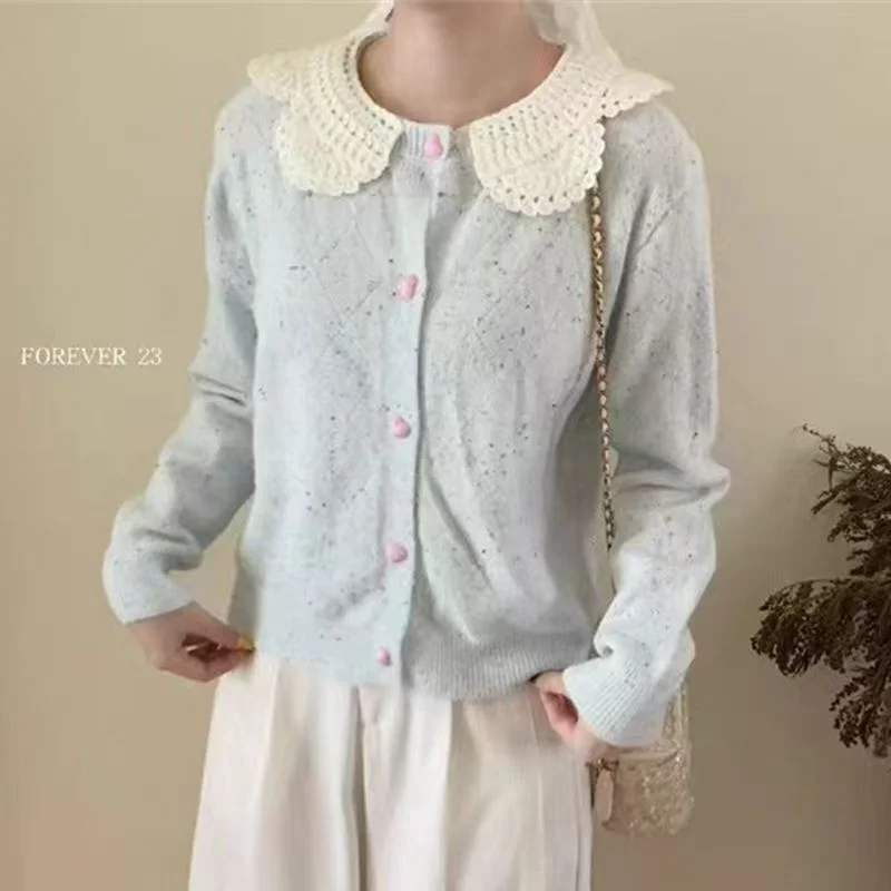 Sweet Mixed Color Doll Collar Sweater Women's Autumn and Winter Heavy Lace Knitted Cardigan Long-sleeved Top
Sweet Mixed Color Doll Collar Sweater Women's Autumn and Winter Heavy Lace Knitted Cardigan Long-sleeved Top