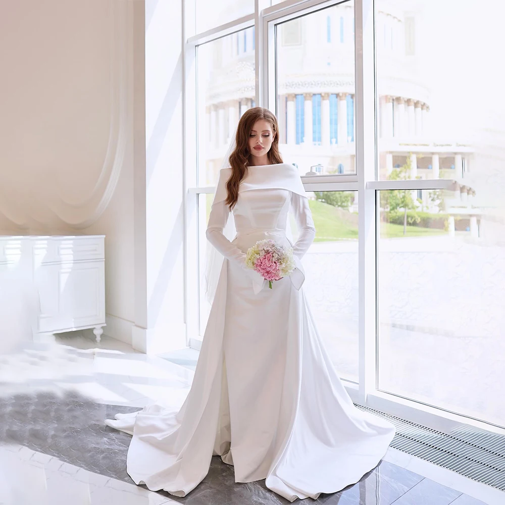 Elegant Wedding Dress Boat Collar Long Sleeves Mermaid Bride Dress Detachable Train Bridal Gown Customized vestidos de novia
Elegant Wedding Dress Boat Collar Long Sleeves Mermaid Bride Dress Detachable Train Bridal Gown Customized vestidos de novia