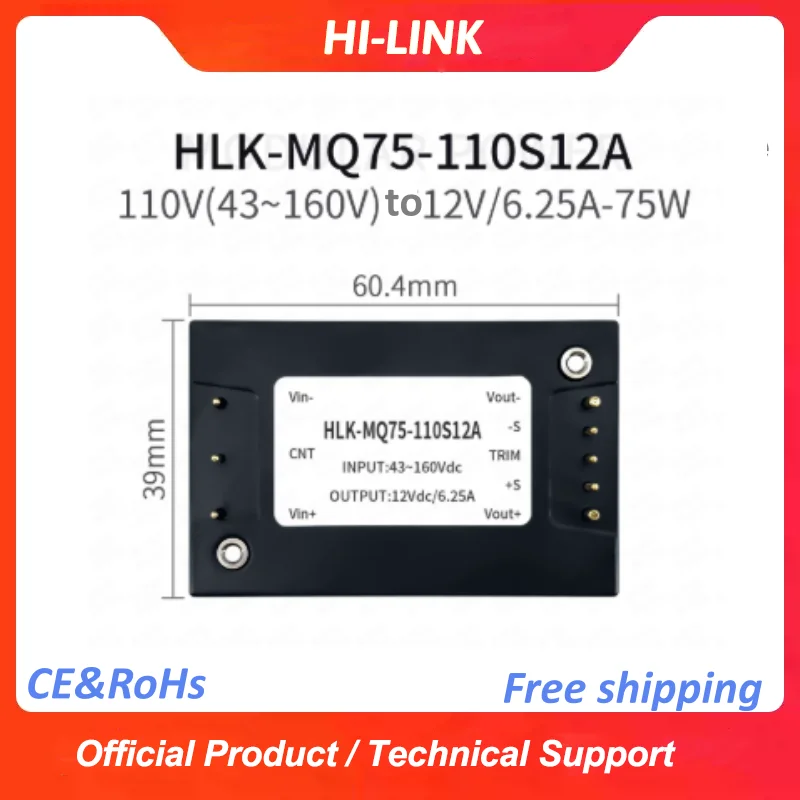 HLK-75MQ110S05A/12A/24A 75W DC DC Power Module Input 43-160VDC 1/4 Brick Power Supply 4:1 wide input New Energy Allications
HLK-75MQ110S05A/12A/24A 75W DC DC Power Module Input 43-160VDC 1/4 Brick Power Supply 4:1 wide input New Energy Allications