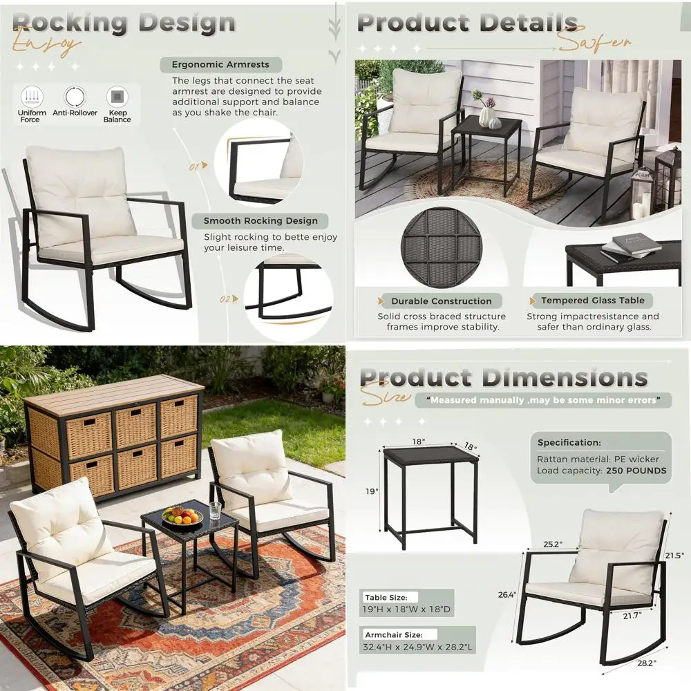 3 Piece Outdoor Rocking Bistro Set Black Wicker urniture Porch Chairs Contion Sets with Glass Coee Table, Beige
3 Piece Outdoor Rocking Bistro Set Black Wicker urniture Porch Chairs Contion Sets with Glass Coee Table, Beige