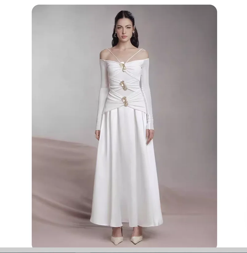 Sexy one neck dress with metal accessories and pleated waist cinching dress
Sexy one neck dress with metal accessories and pleated waist cinching dress