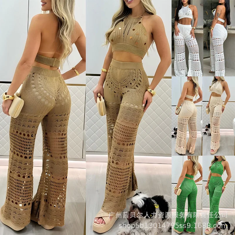 Women Spring Summer 2 Pieces Round Sequin Knitted Halter Sleeveless Crop Top and Casual Strechy Waist Wide Leg Knit Pants Set
Women Spring Summer 2 Pieces Round Sequin Knitted Halter Sleeveless Crop Top and Casual Strechy Waist Wide Leg Knit Pants Set