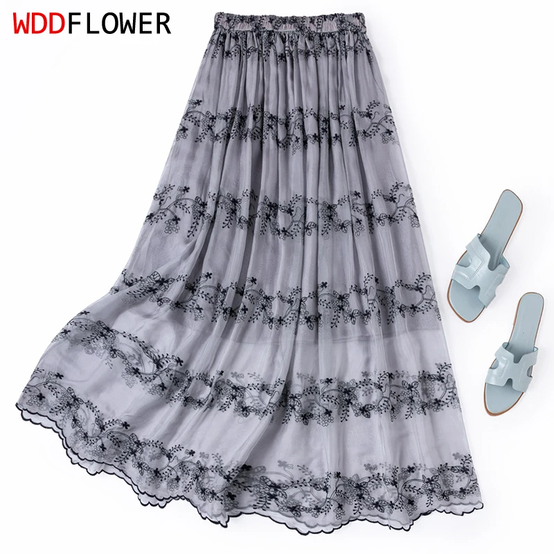 Women Silk Skirt 100% Mulberry Silk Gray Floral Embroidery Long Type Skirt With Double Lining Summer Beach Big Hemline M1635
Women Silk Skirt 100% Mulberry Silk Gray Floral Embroidery Long Type Skirt With Double Lining Summer Beach Big Hemline M1635
