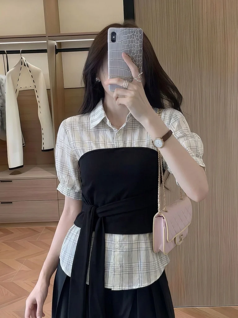 Slimming Plaid Splice Shoulder Shirt Women's Summer New Large Size Fat MM Tie Waist Slimming Top Commute Style Korean Version
Slimming Plaid Splice Shoulder Shirt Women's Summer New Large Size Fat MM Tie Waist Slimming Top Commute Style Korean Version