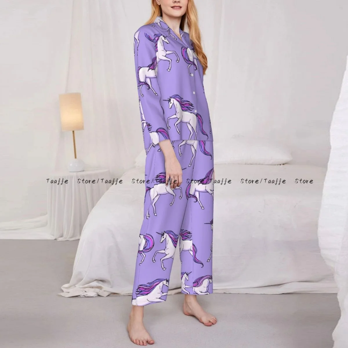 Women Sleepwear Loungewear Purple Unicorn Pattern Long Sleeve Lapel Neck Shirt and Elastic Waist Pants Pajamas Set
Women Sleepwear Loungewear Purple Unicorn Pattern Long Sleeve Lapel Neck Shirt and Elastic Waist Pants Pajamas Set
