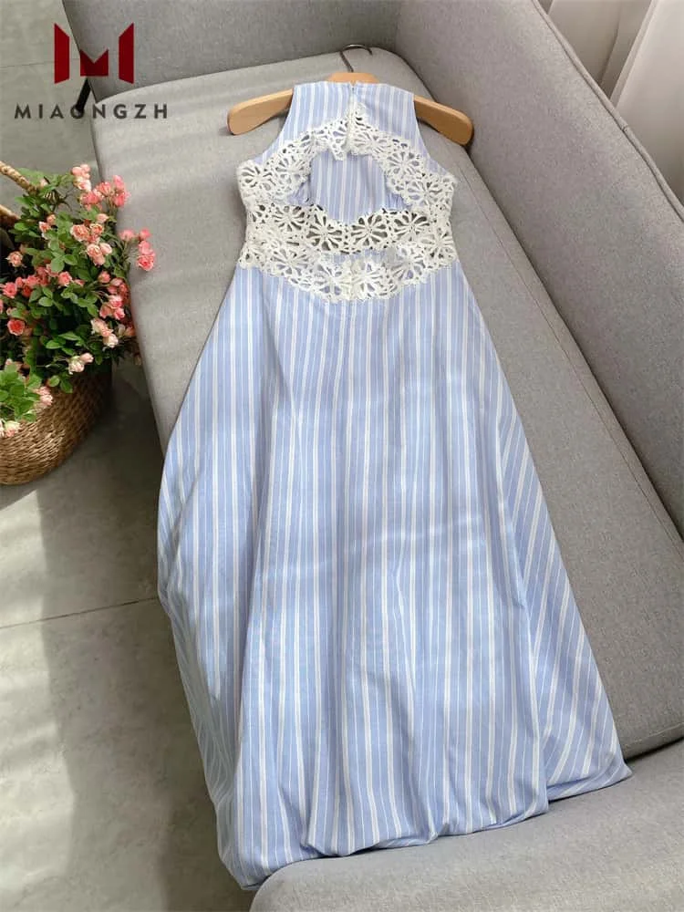 High Quality Blue Stripes Backless Elegant Sleeveless Female Dress New Waist Flower Hollow Women's Fashion Holiday Party Dresses 
High Quality Blue Stripes Backless Elegant Sleeveless Female Dress New Waist Flower Hollow Women's Fashion Holiday Party Dresses