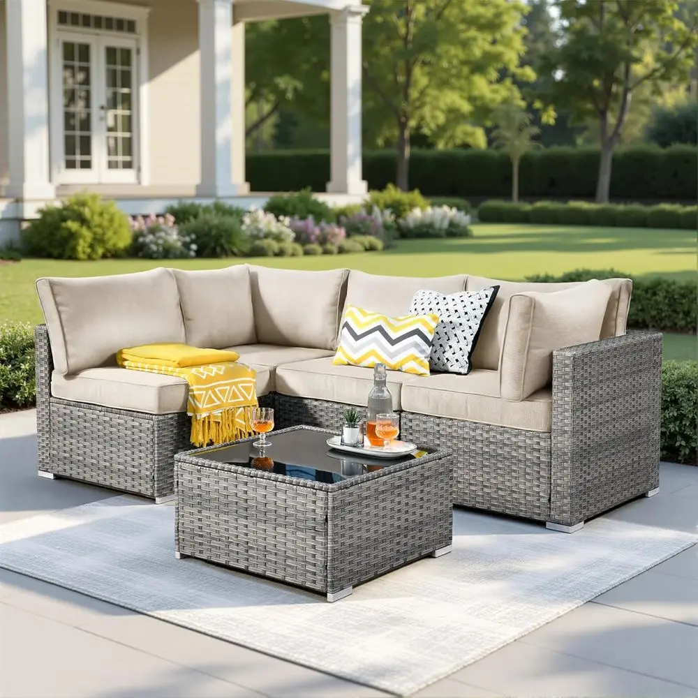 5-Piece Outdoor Wicker Sectional Sofa Set with Cushions and Rattan Coffee Table, Ideal for Patio, Porch, Balcony, Yard, Poolside
5-Piece Outdoor Wicker Sectional Sofa Set with Cushions and Rattan Coffee Table, Ideal for Patio, Porch, Balcony, Yard, Poolside