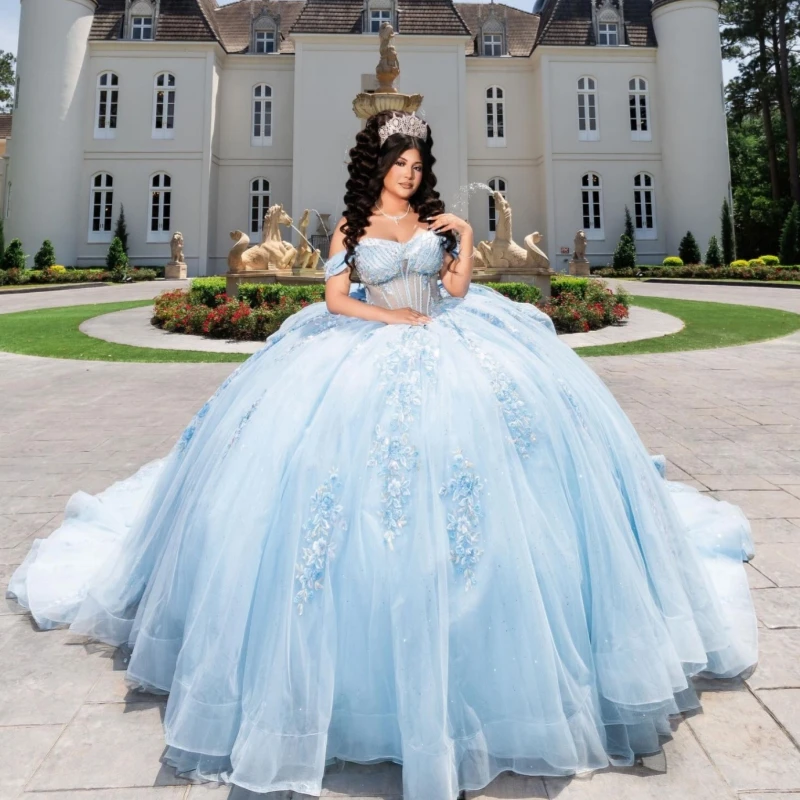 Sky Blue Ball Gown Quinceanera Dresses Applique Lace Beading Crystal Bow Tiered Tull Corset Off The Shoulder Sweet 16 Dress Vest
Sky Blue Ball Gown Quinceanera Dresses Applique Lace Beading Crystal Bow Tiered Tull Corset Off The Shoulder Sweet 16 Dress Vest