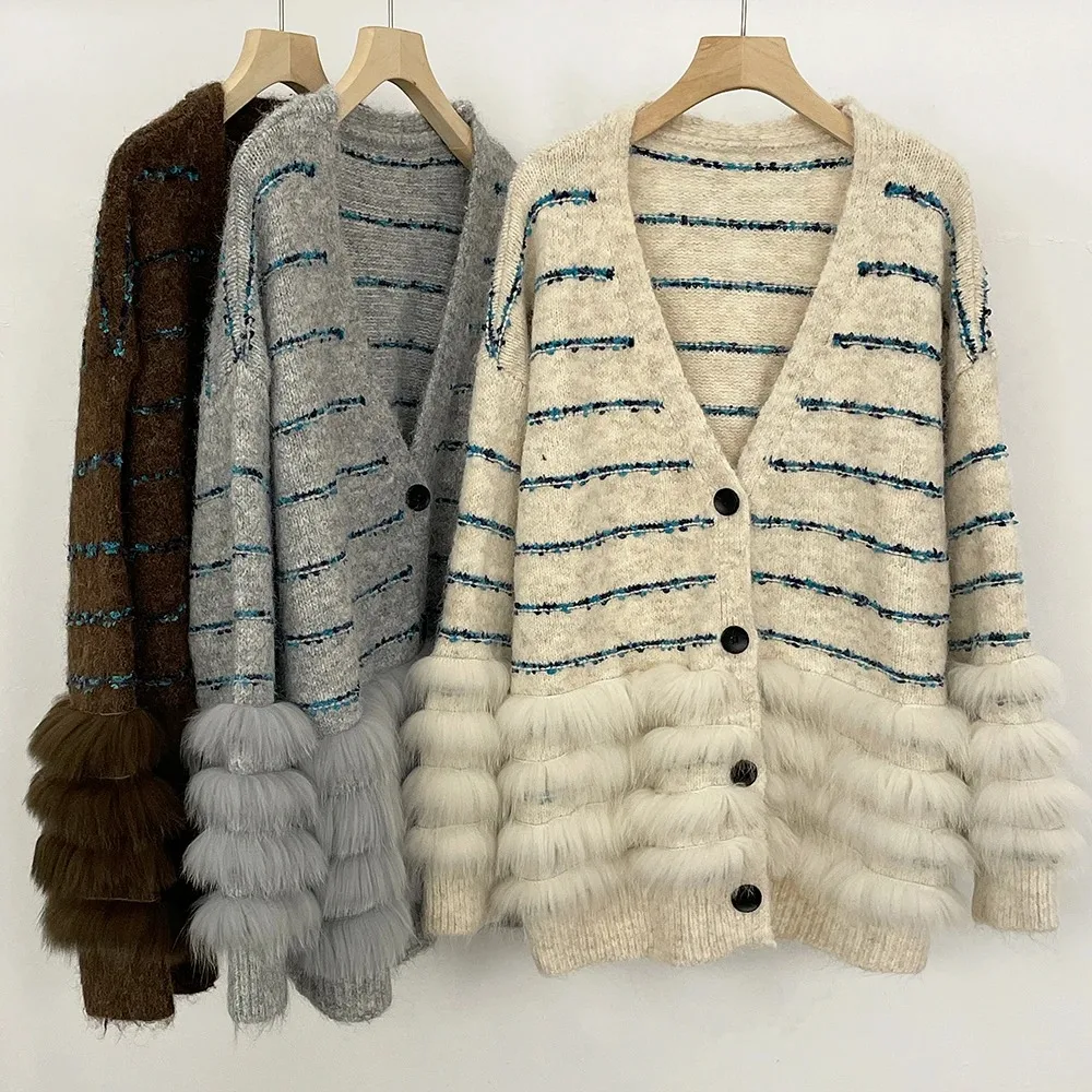 Real Fur Coat Female New Cardigans Top Knitwear Real Fox Fur Lady Clothing Knitted Stripe Spring Autumn V-neck Sweater Women
Real Fur Coat Female New Cardigans Top Knitwear Real Fox Fur Lady Clothing Knitted Stripe Spring Autumn V-neck Sweater Women