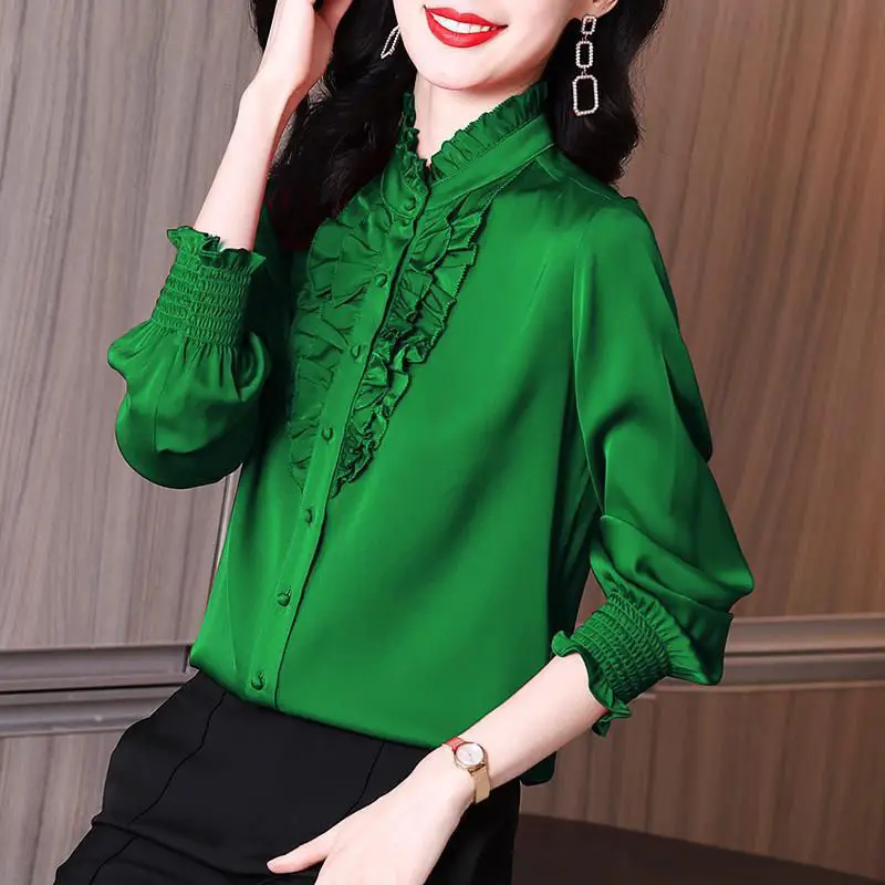 Spring 2022 new women's French niche ruffled black fashion silk shirt top women-blouses Button High Street
Spring 2022 new women's French niche ruffled black fashion silk shirt top women-blouses Button High Street