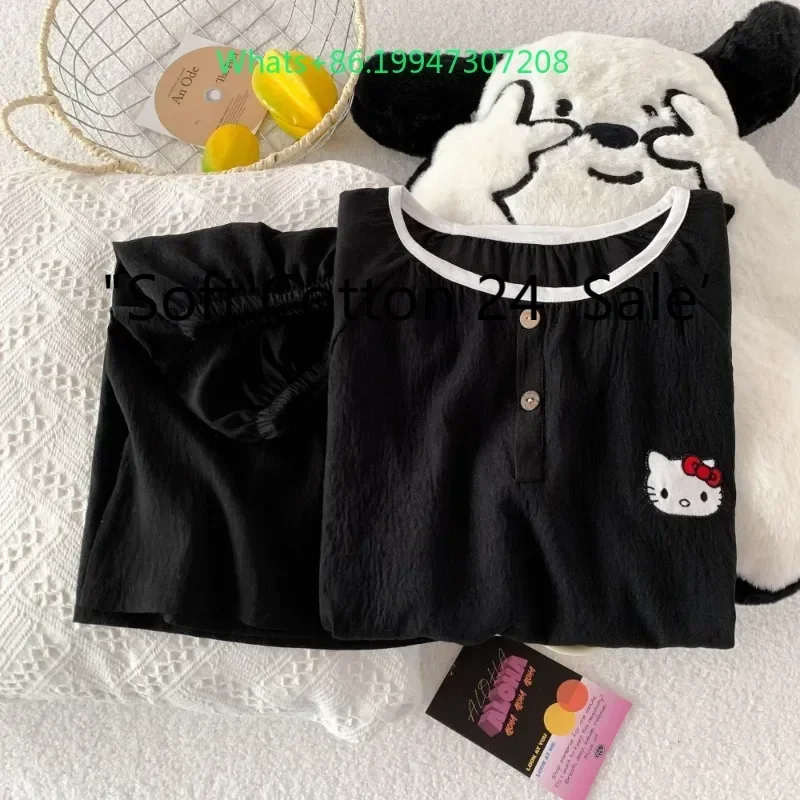 Новые летние черные хлопковые шорты с круглым вырезом и милым рисунком Hello Kitty, милые шорты с короткими рукавами, пижамы, одежда для дома
Новые летние черные хлопковые шорты с круглым вырезом и милым рисунком Hello Kitty, милые шорты с короткими рукавами, пижамы, одежда для дома