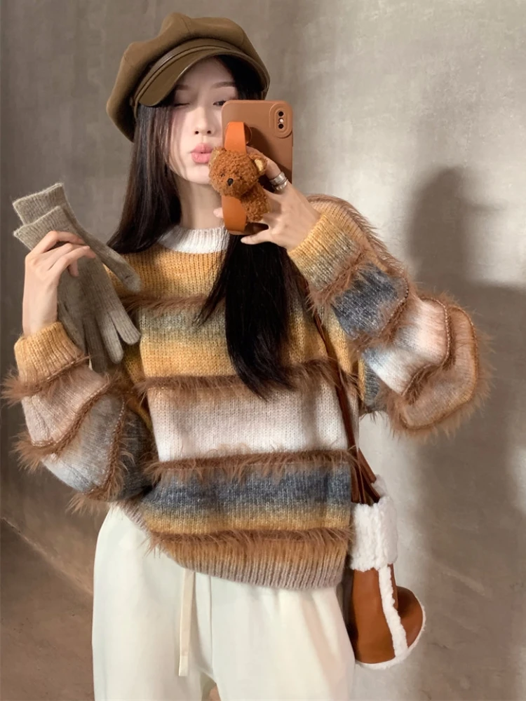 American Retro Short Sleeve Women's Knitted Sweater Mink Velvet Spring Autumn plus Size Gradient Color Striped Base Layer Top
American Retro Short Sleeve Women's Knitted Sweater Mink Velvet Spring Autumn plus Size Gradient Color Striped Base Layer Top