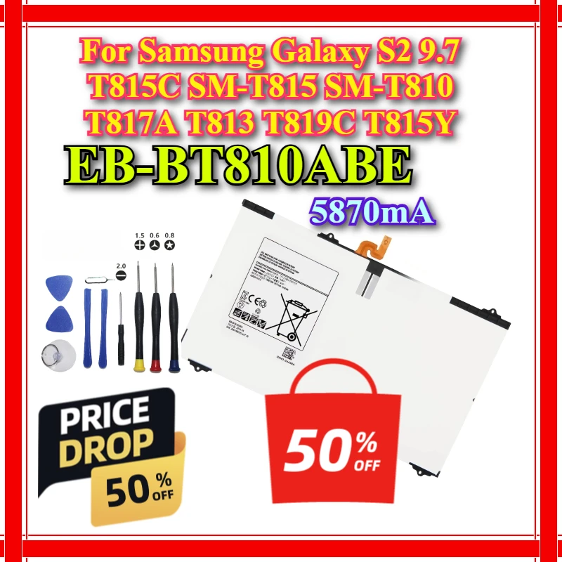 EB-BT810ABE 5870mA Совершенно новый аккумулятор для планшета Samsung Galaxy S2 9,7 T815C SM-T815 SM-T810 T817A T813 T819C T815Y + инструменты
EB-BT810ABE 5870mA Совершенно новый аккумулятор для планшета Samsung Galaxy S2 9,7 T815C SM-T815 SM-T810 T817A T813 T819C T815Y + инструменты