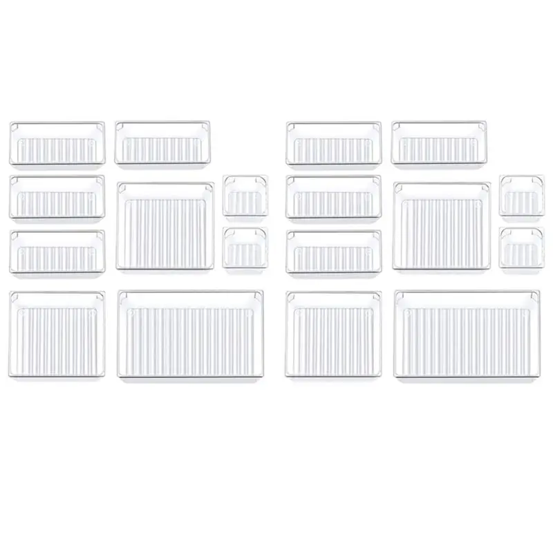 ABRE-18 Pcs Clear Drawer Organizer Trays Assorted 4-Size Drawer Dividers, Versatile Storage Boxes Makeup Organiser Set
ABRE-18 Pcs Clear Drawer Organizer Trays Assorted 4-Size Drawer Dividers, Versatile Storage Boxes Makeup Organiser Set