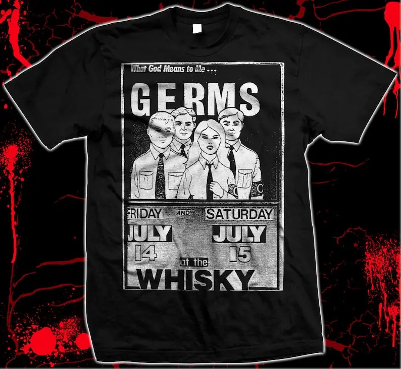 the Germs Whiskey Flyer Darby Crash Pre-Shrunk Hand Silk Screened 100% Cotton T-Shirt 
the Germs Whiskey Flyer Darby Crash Pre-Shrunk Hand Silk Screened 100% Cotton T-Shirt