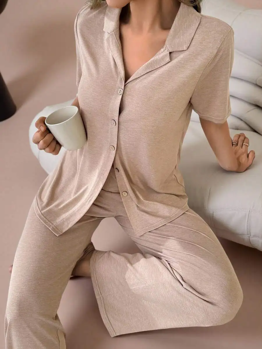 Beige Short-Sleeve Collared Button-Up Pajama Set For Unisex Soft Lounge And Sleepwear With Comfort Fit
Beige Short-Sleeve Collared Button-Up Pajama Set For Unisex Soft Lounge And Sleepwear With Comfort Fit