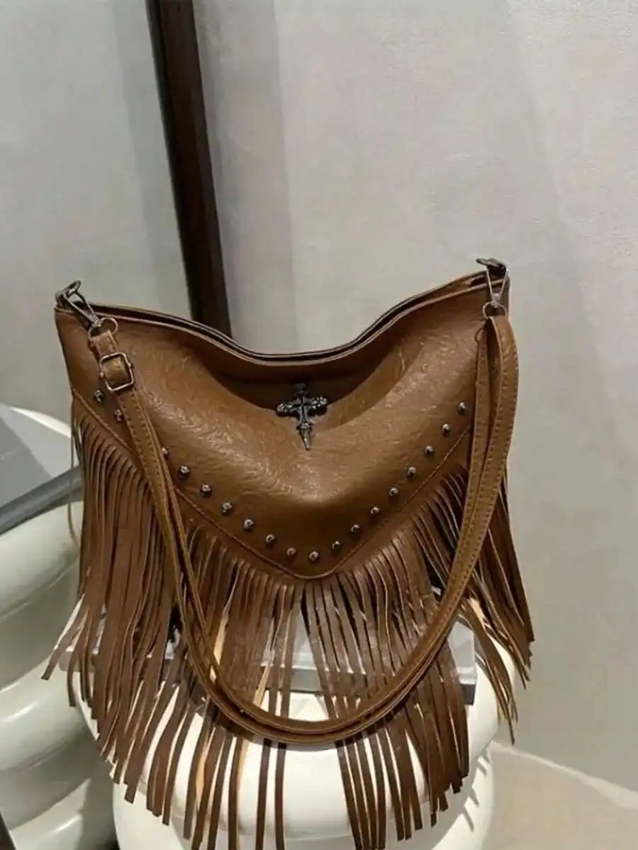 Womens Fringe And Rivet Saddle Crossbody Bag With Adjustable Strap Zipper Closure
Womens Fringe And Rivet Saddle Crossbody Bag With Adjustable Strap Zipper Closure