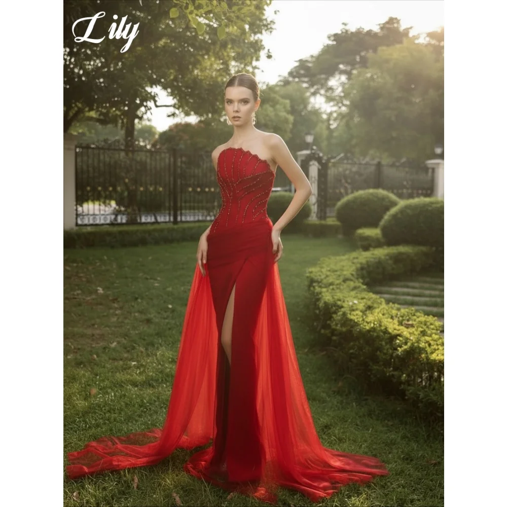 Lily Strapless Beaded Corset Prom Dress Red Draped Tulle High Slit Evening Dress Flowy Outer Tulle Formal Party Gown Customized
Lily Strapless Beaded Corset Prom Dress Red Draped Tulle High Slit Evening Dress Flowy Outer Tulle Formal Party Gown Customized