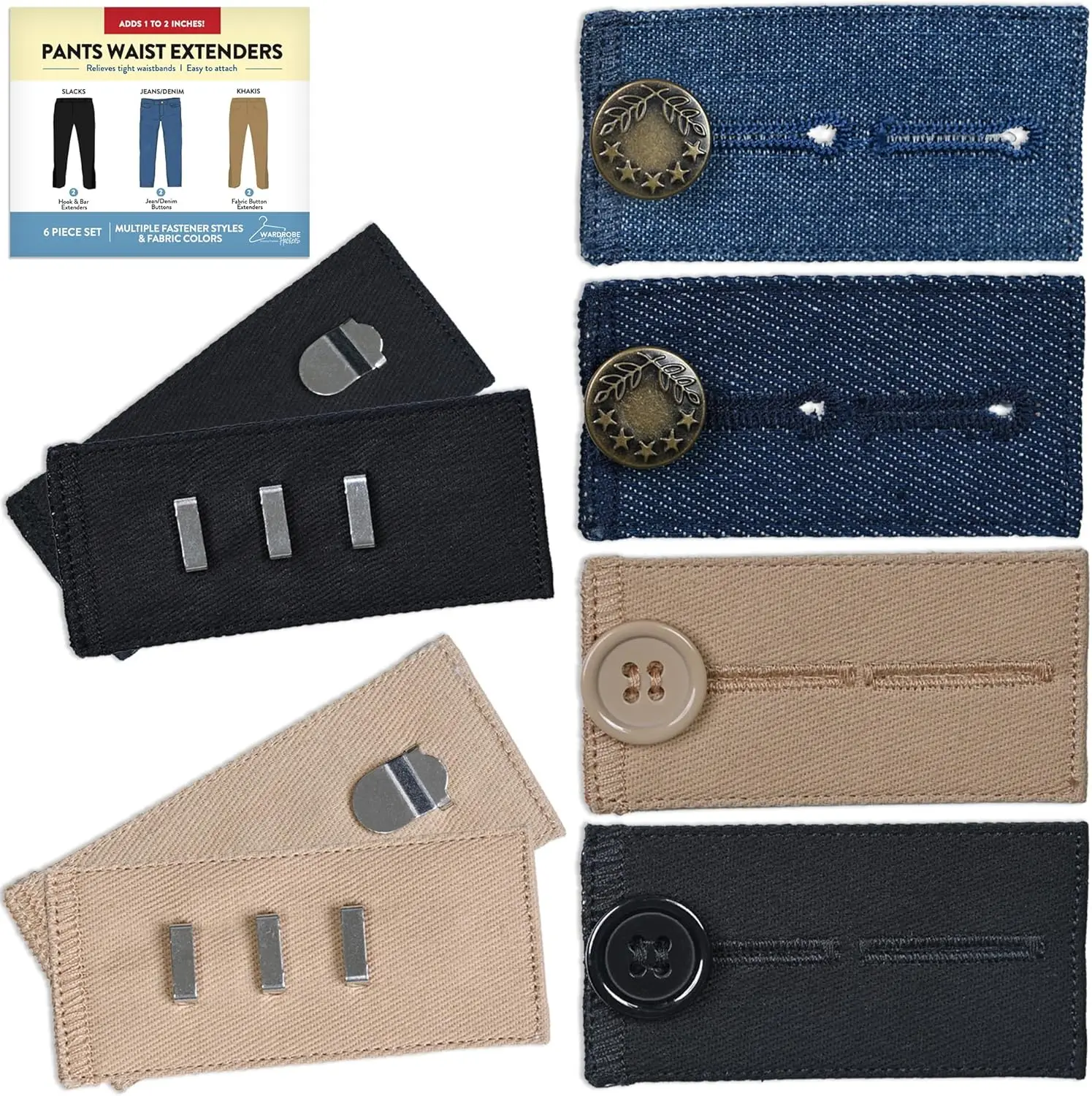 6-Pack Adjustable Waist Extender Buttons for Jeans & Pants - Black, Khaki, Denim - No Sew
6-Pack Adjustable Waist Extender Buttons for Jeans & Pants - Black, Khaki, Denim - No Sew