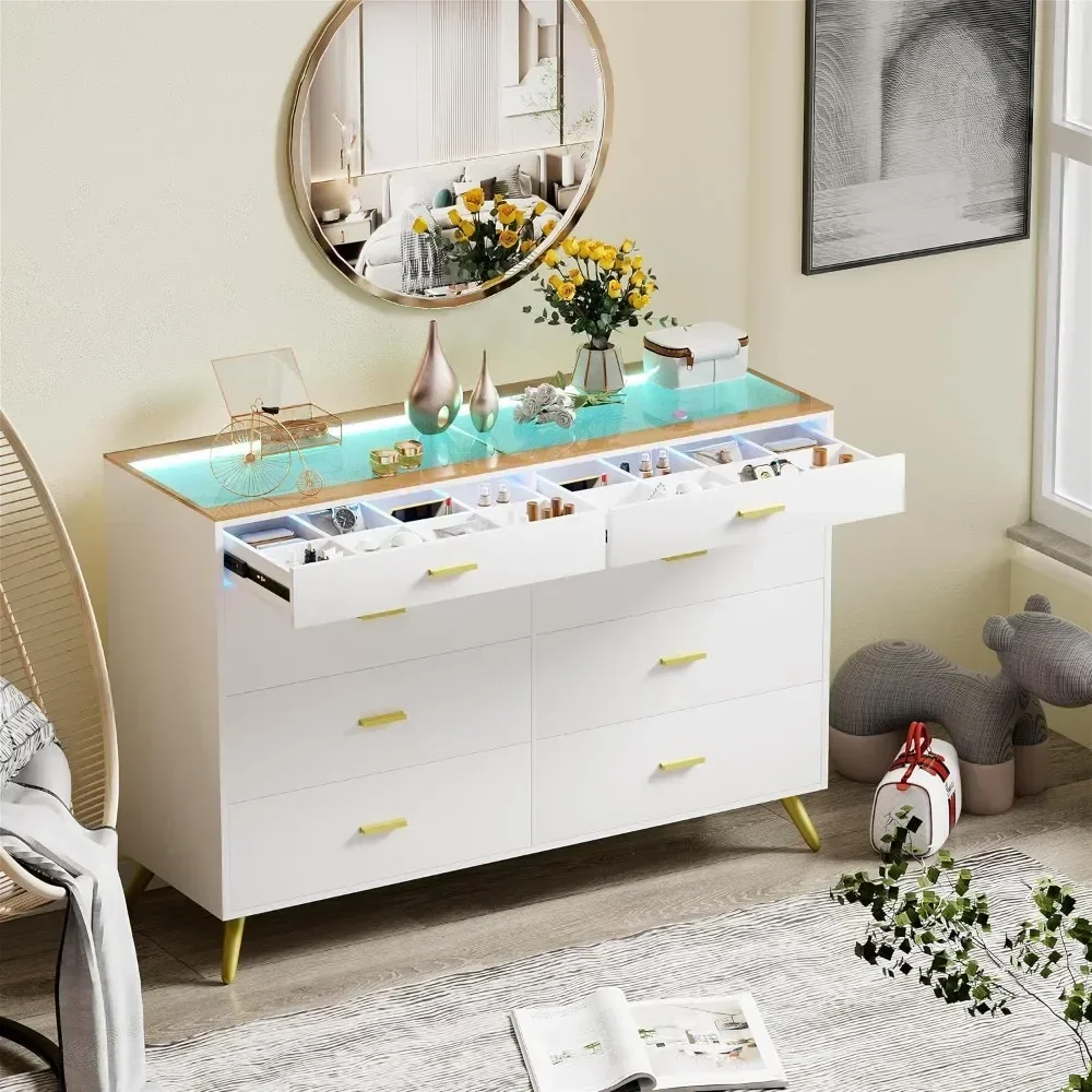 White Dresser with LED Lights for Bedroom,8 Drawer Dressers with Tempered Glass Top,Chests of Drawers with 2 Grid Drawer
White Dresser with LED Lights for Bedroom,8 Drawer Dressers with Tempered Glass Top,Chests of Drawers with 2 Grid Drawer