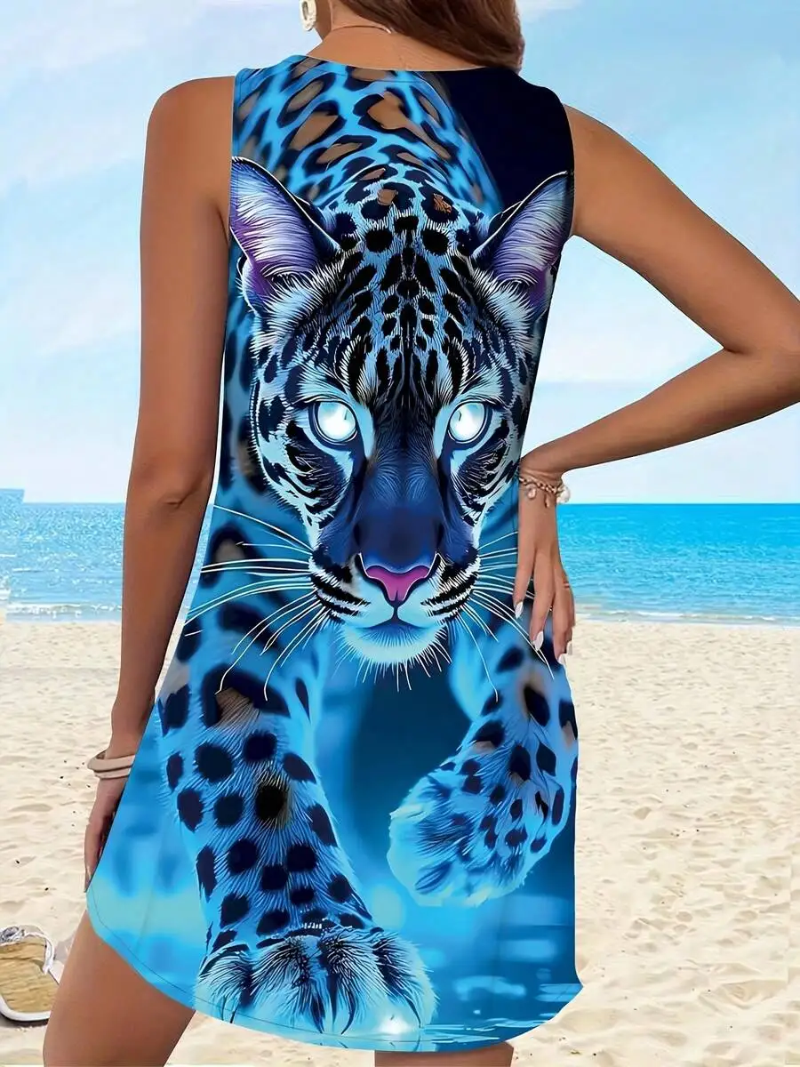 Women Sleeveless Vest Dress Blue Leopard Print Casual Summer Beachwear
Women Sleeveless Vest Dress Blue Leopard Print Casual Summer Beachwear