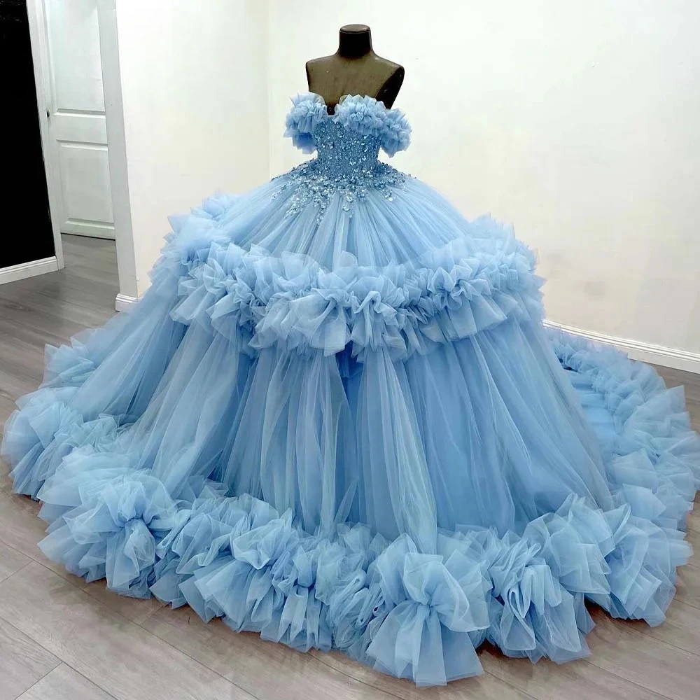 Charming Quinceanera Dresses for Girl Beading Ruched Off the Shoulder Sequind Robe Princesse Bleu Femm Customized
Charming Quinceanera Dresses for Girl Beading Ruched Off the Shoulder Sequind Robe Princesse Bleu Femm Customized