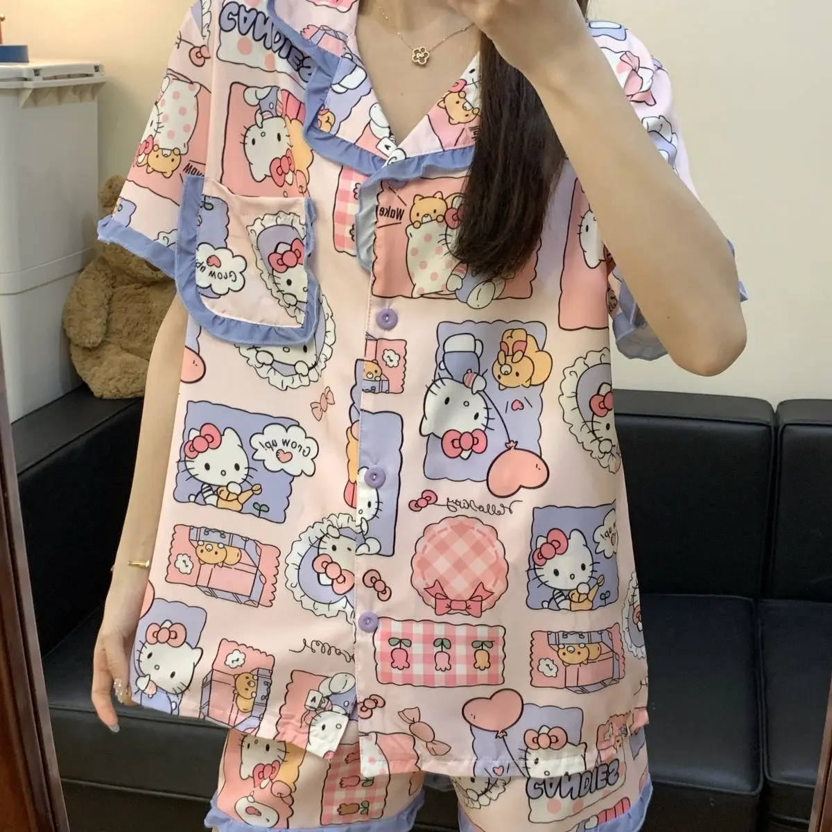 Hello Kitty Women's Spring Summer Lace Trim Cardigan Pajama Set Loose Fit Plus Size Cute Comfy Soft Home Loungewear Sleepwear
Hello Kitty Women's Spring Summer Lace Trim Cardigan Pajama Set Loose Fit Plus Size Cute Comfy Soft Home Loungewear Sleepwear