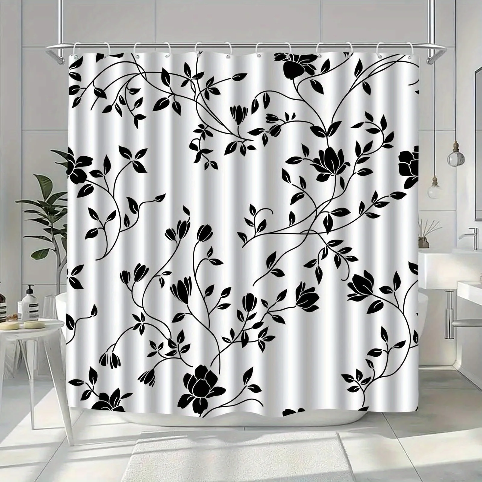 1pc Black and white leaf patterned shower curtain, machine washable polyester, includes hooks, suitable for bathroom décor.
1pc Black and white leaf patterned shower curtain, machine washable polyester, includes hooks, suitable for bathroom décor.