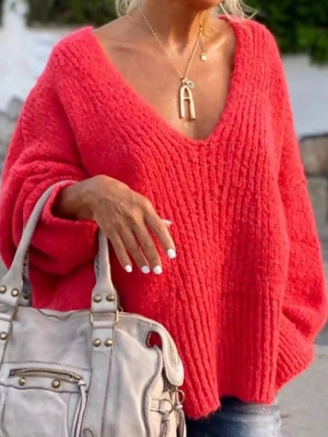 Women's Loose V-Neck Long Sleeve Knit Sweater, Solid Red Winter Pullover
Women's Loose V-Neck Long Sleeve Knit Sweater, Solid Red Winter Pullover