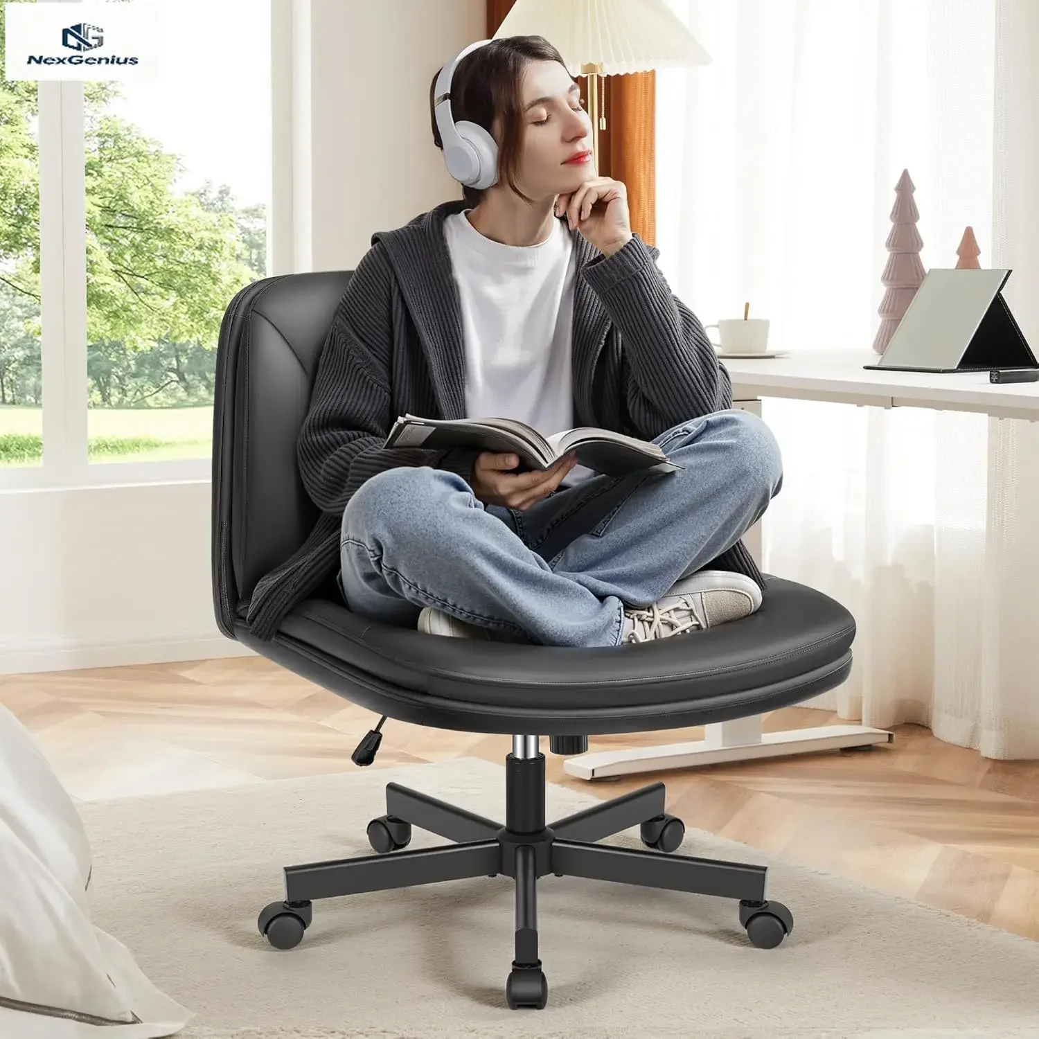 Criss Cross Chair with Wheels, Cross Legged Office Chair, Armless Wide Vanity Desk Chair with Comfty PU Leather & Back - Swivel
Criss Cross Chair with Wheels, Cross Legged Office Chair, Armless Wide Vanity Desk Chair with Comfty PU Leather & Back - Swivel
