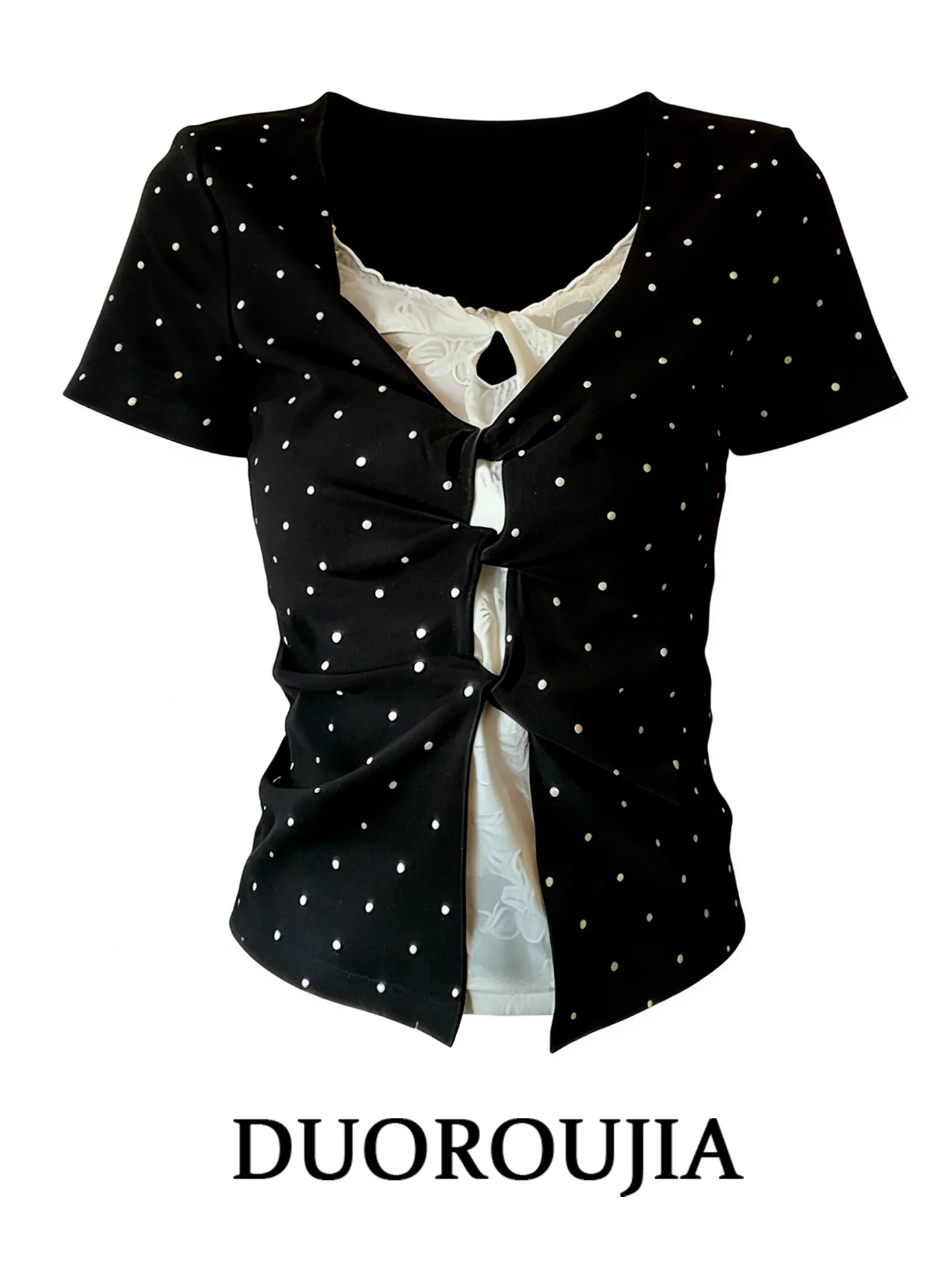 Slim Fit Polka Dot V-Neck Short Sleeve T-Shirt Women's Summer plus Size Korean Style Printed High Waist Design Top
Slim Fit Polka Dot V-Neck Short Sleeve T-Shirt Women's Summer plus Size Korean Style Printed High Waist Design Top