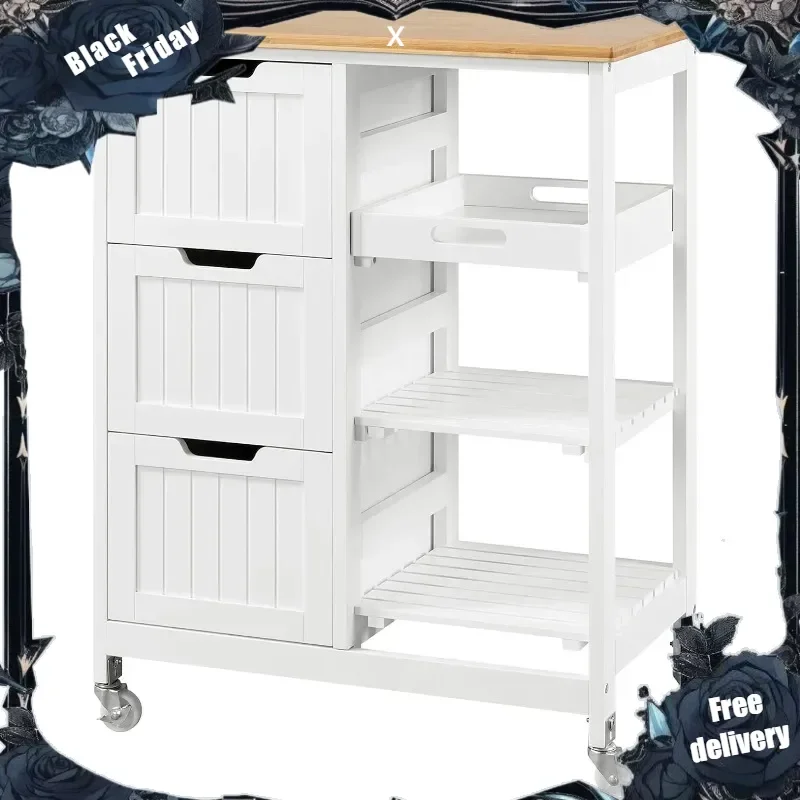 Rolling Kitchen Cart with Bamboo Top, 3 Drawers, 3 Shelves, Lockable Casters - for Dining Room
Rolling Kitchen Cart with Bamboo Top, 3 Drawers, 3 Shelves, Lockable Casters - for Dining Room