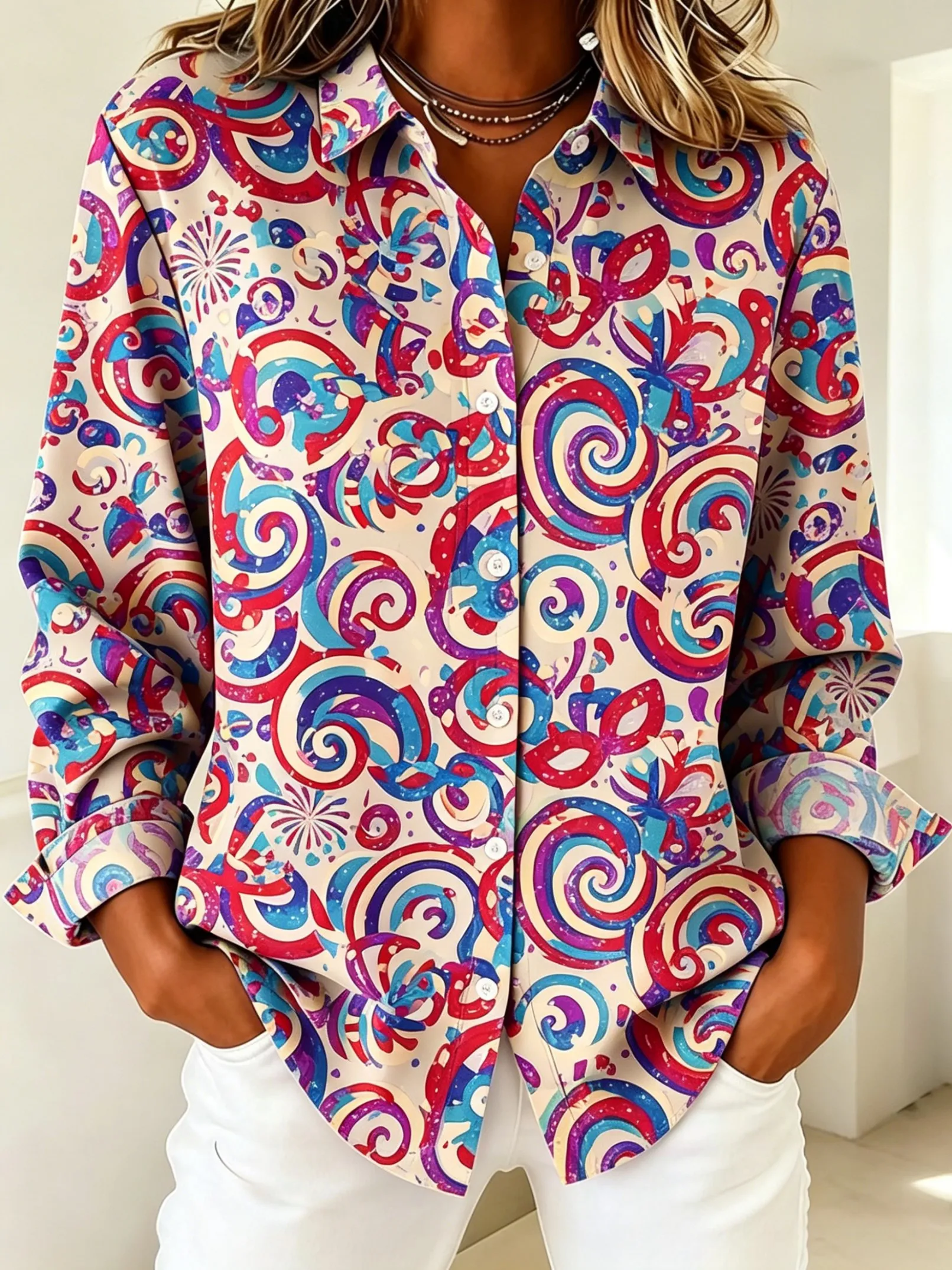 Women's Lapel Long Sleeve Colorful Swirl Print Button-Up Shirt, Casual Stylish Tops for Spring Summer Daily & Party Wear
Women's Lapel Long Sleeve Colorful Swirl Print Button-Up Shirt, Casual Stylish Tops for Spring Summer Daily & Party Wear
