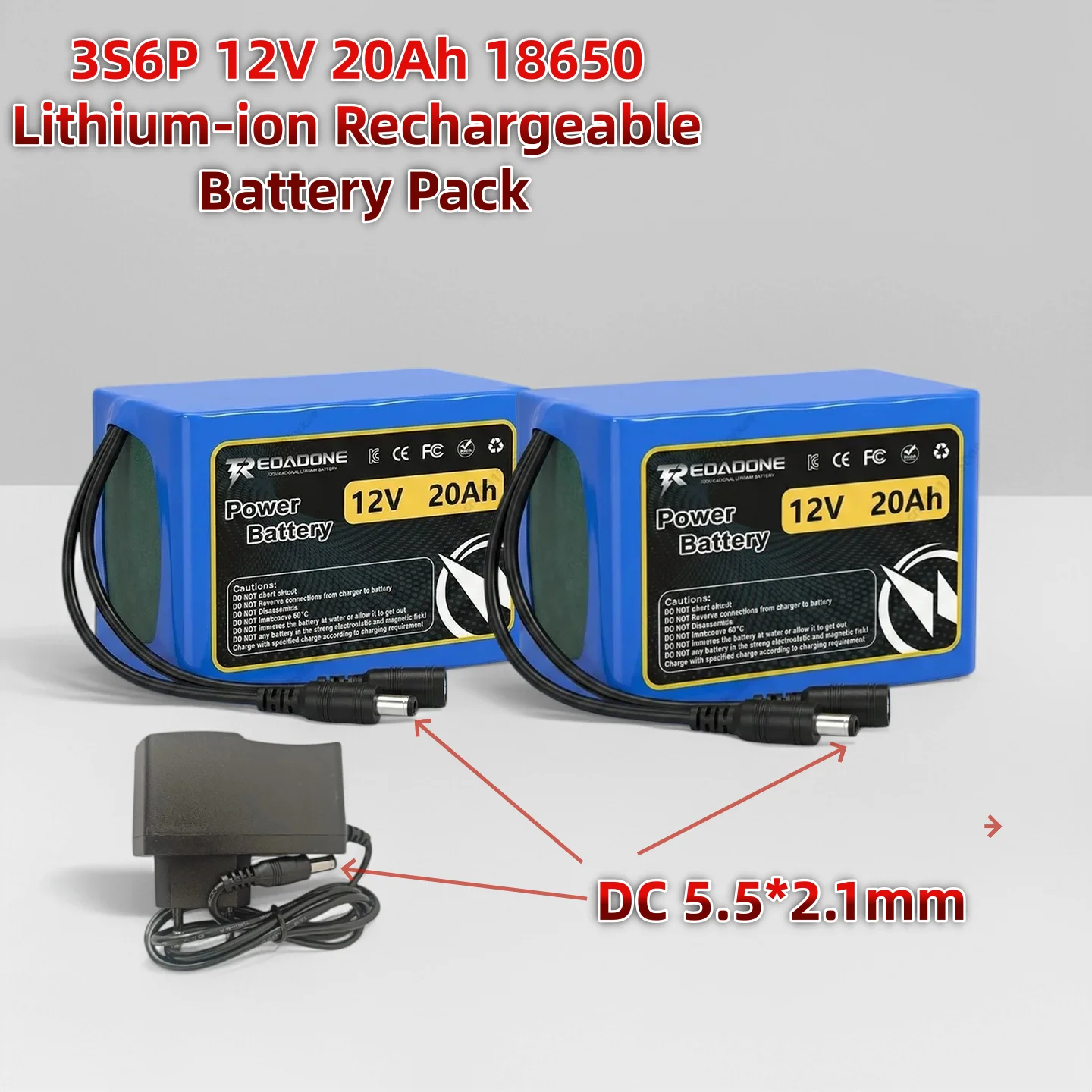 3S6P 12V 20Ah 18650 Lithium-ion Rechargeable Battery Pack with BMS Board DC 5.5*2.1mm Male Connector for Low Voltage DC Devices
3S6P 12V 20Ah 18650 Lithium-ion Rechargeable Battery Pack with BMS Board DC 5.5*2.1mm Male Connector for Low Voltage DC Devices