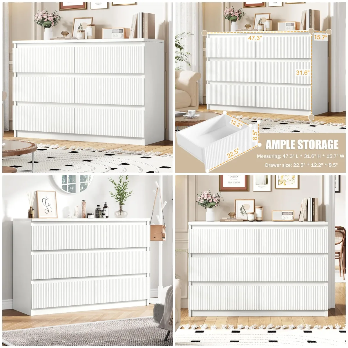 White 6-Drawer Dresser, Modern Fluted Chest with Deep Drawers for Bedroom, Living Room, Hallway
White 6-Drawer Dresser, Modern Fluted Chest with Deep Drawers for Bedroom, Living Room, Hallway
