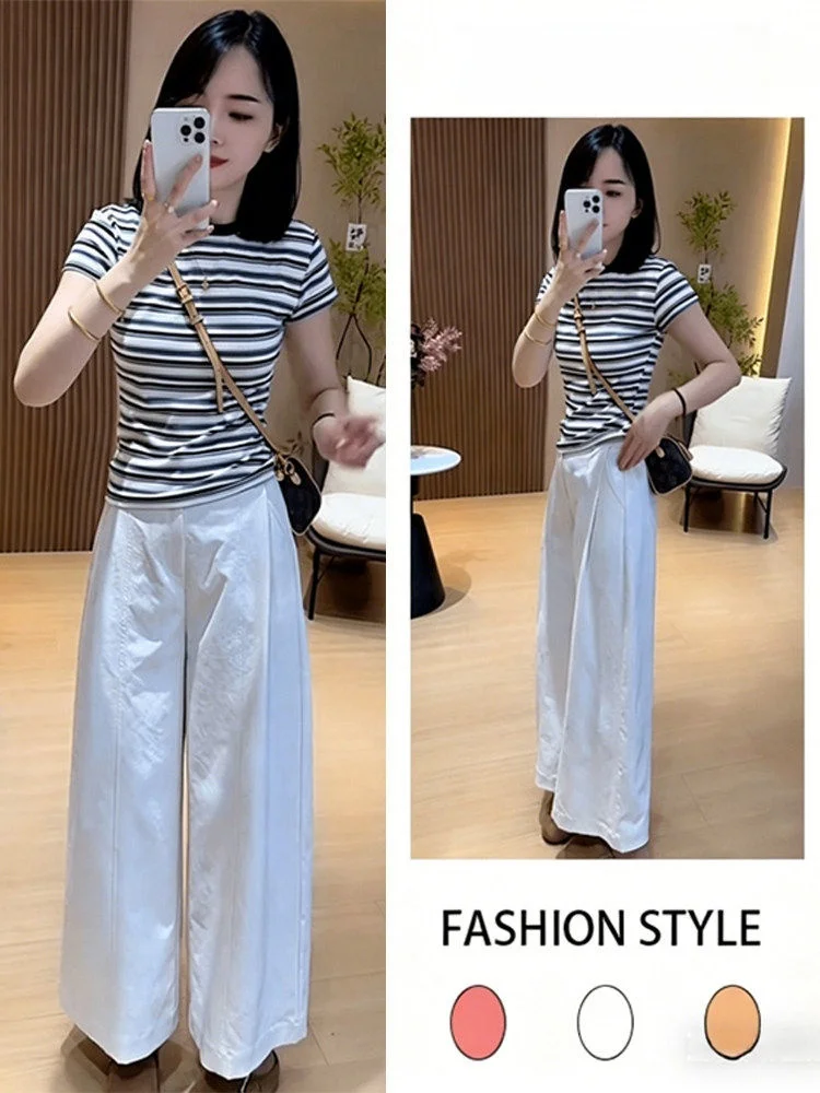 White Striped Short Sleeve T-Shirt And Wide Leg Pants Women's Fashion Set Anti-Aging Popular 2026 Summer Breathable Casual Wear
White Striped Short Sleeve T-Shirt And Wide Leg Pants Women's Fashion Set Anti-Aging Popular 2026 Summer Breathable Casual Wear