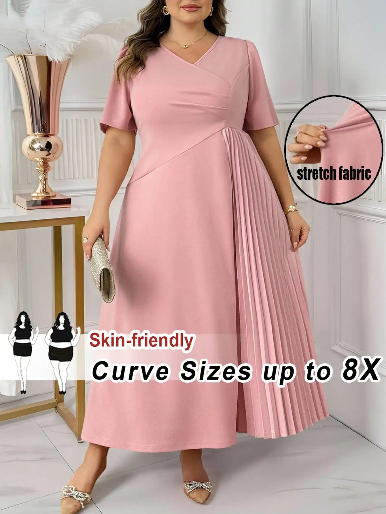 Plus Size Pink Pleated A-Line Dress with V-Neck and Short Sleeves, Stretch Fabric, Elegant Casual Style
Plus Size Pink Pleated A-Line Dress with V-Neck and Short Sleeves, Stretch Fabric, Elegant Casual Style