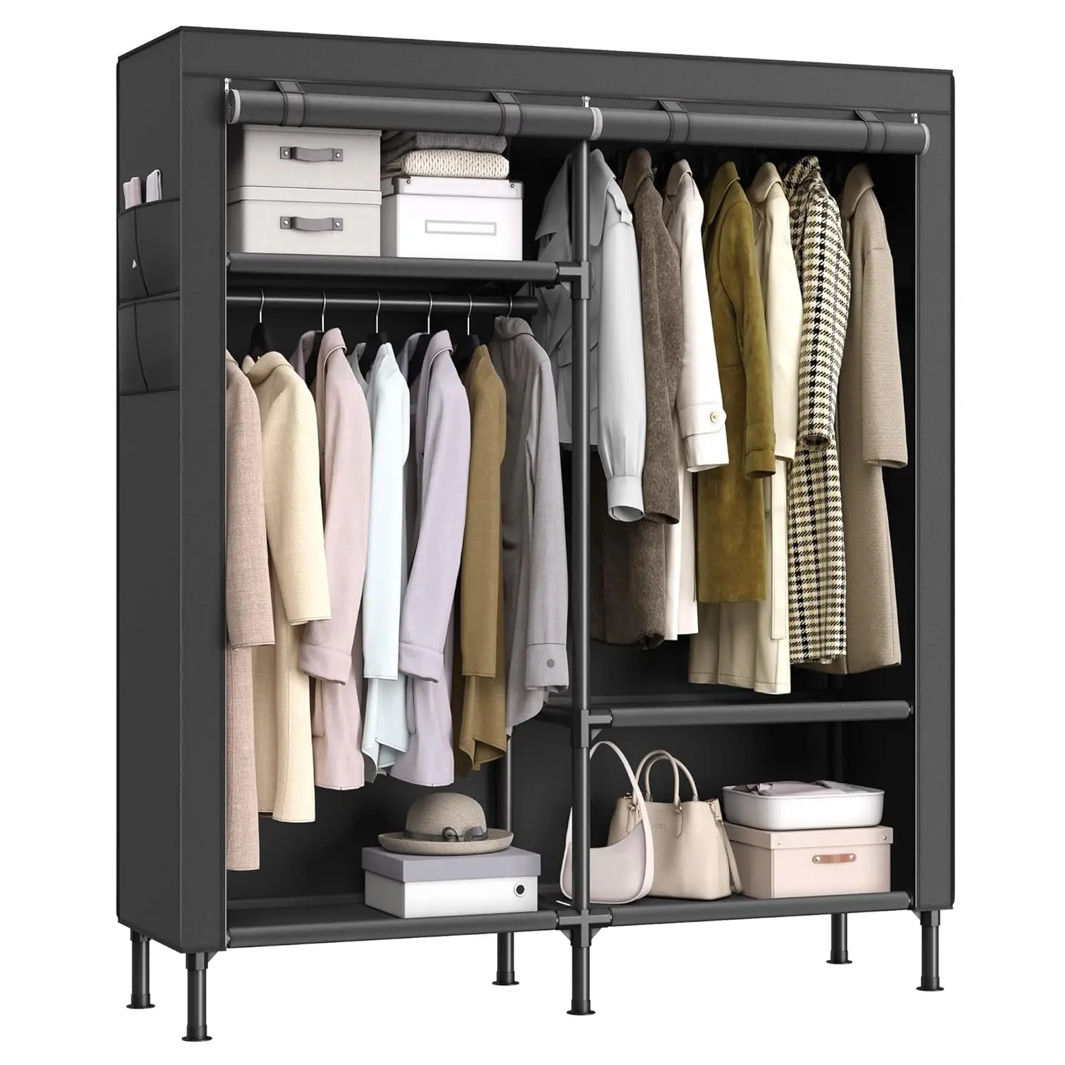 65in Heavy Duty Portable Wardrobe Closet with Cover, 2 Hanging Rails & 3 Shelves & 4 Side Pockets, Black, Customized
65in Heavy Duty Portable Wardrobe Closet with Cover, 2 Hanging Rails & 3 Shelves & 4 Side Pockets, Black, Customized