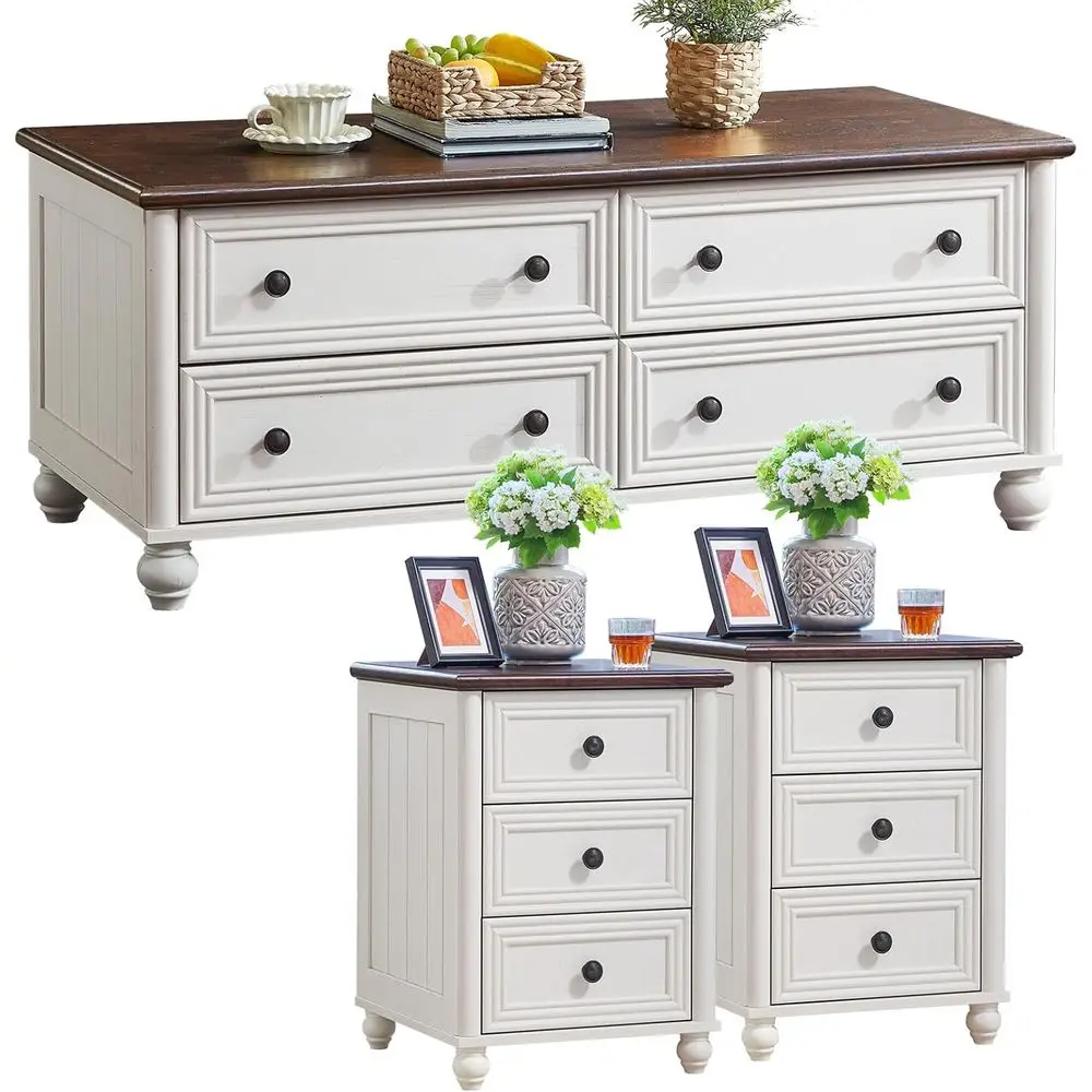 armhouse Coee Table & Night Stand Set o 3, Wood 54'' Wide Center Table & 18'' Chest o Ders, Column 3 Ders Nightstand Set o 2, Li
armhouse Coee Table & Night Stand Set o 3, Wood 54'' Wide Center Table & 18'' Chest o Ders, Column 3 Ders Nightstand Set o 2, Li