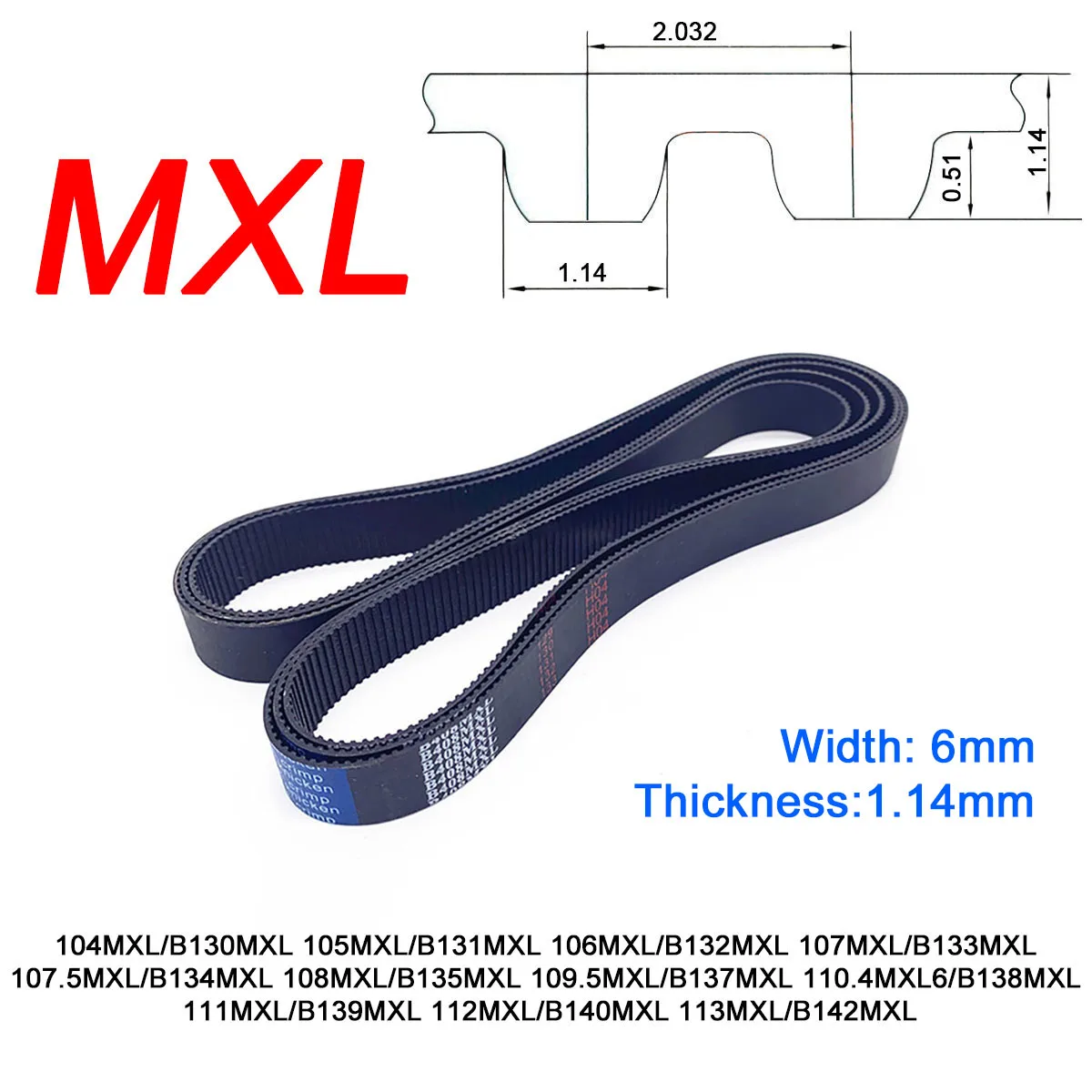 1Pc Width 6mm MXL Rubber Trapezoid Tooth Timing Belt Pitch Length 104/105/106/107/107.5/108/109.5/110.4/111/112/113 Inch Closed
1Pc Width 6mm MXL Rubber Trapezoid Tooth Timing Belt Pitch Length 104/105/106/107/107.5/108/109.5/110.4/111/112/113 Inch Closed