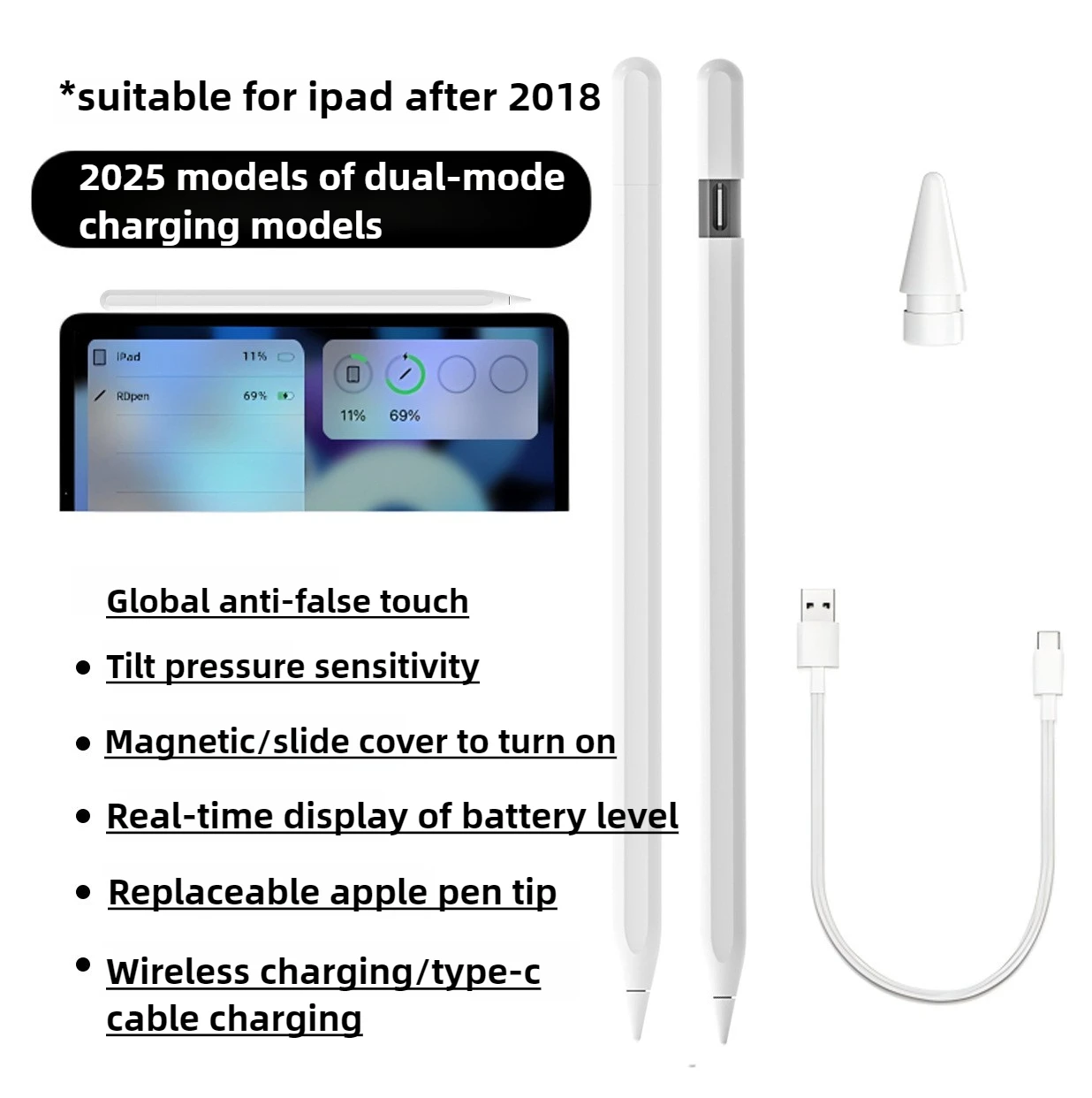 2025 new model suitable for Apple Pencil magnetic wireless charging dual charging capacitive pen iPad pen M2/M3/M4
2025 new model suitable for Apple Pencil magnetic wireless charging dual charging capacitive pen iPad pen M2/M3/M4