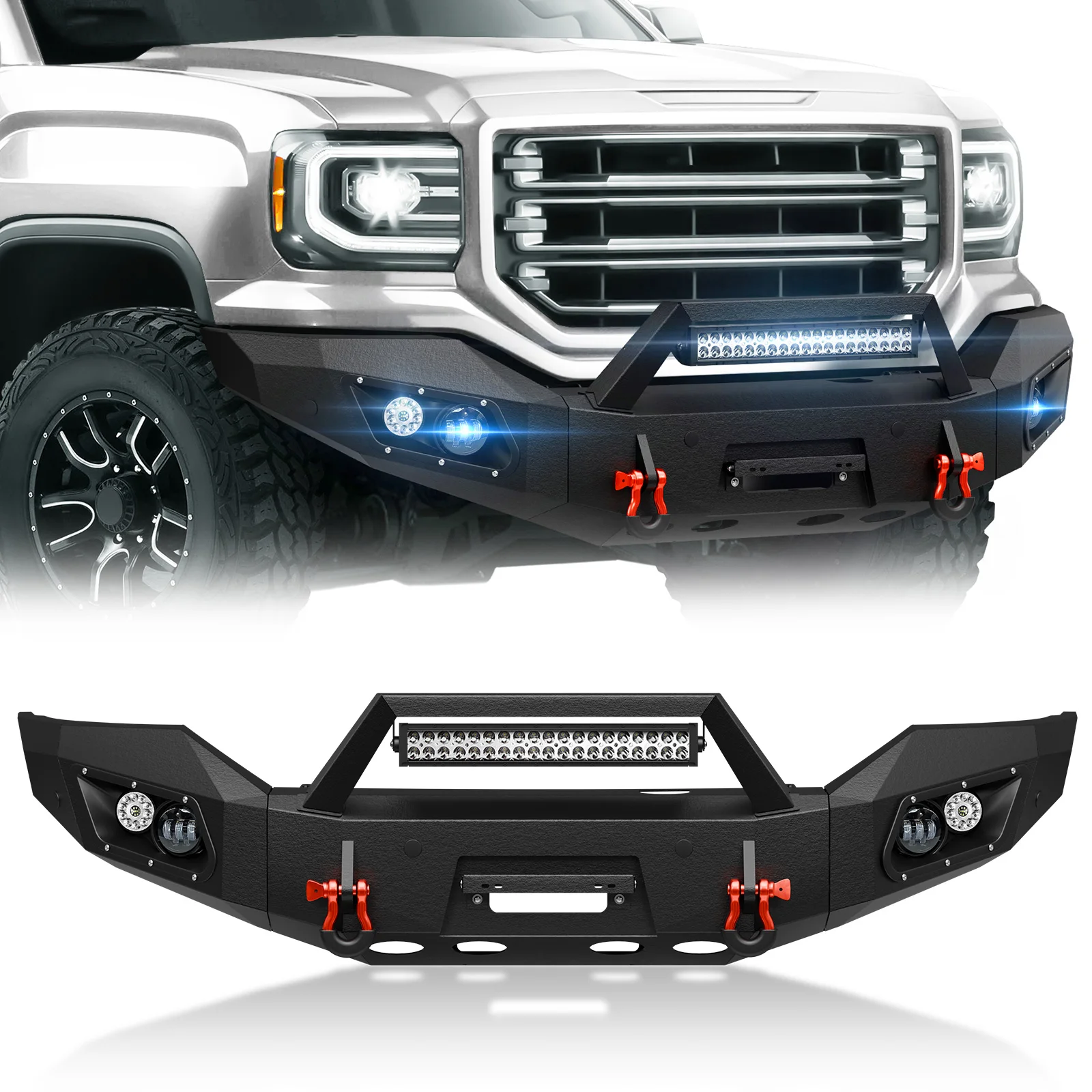 Front Bumper with 5 X LED Lights, License Plate Bracket, Winch Plate, Sensor Holes & D-rings for 2016 2017 2018 GMC Sierra 1500
Front Bumper with 5 X LED Lights, License Plate Bracket, Winch Plate, Sensor Holes & D-rings for 2016 2017 2018 GMC Sierra 1500