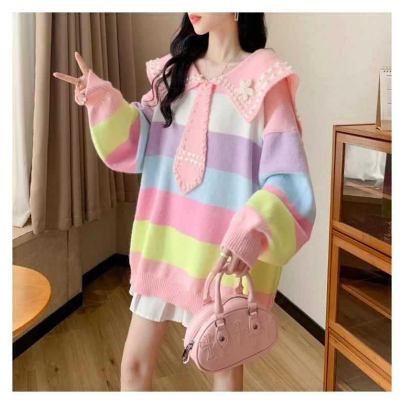 Winter Rainbow Stripeed Lapel Long Sleeves Knitted T Shirts With Tie Pearl Sweet Cute Fashion All-match Oversized Tops Blue Pink
Winter Rainbow Stripeed Lapel Long Sleeves Knitted T Shirts With Tie Pearl Sweet Cute Fashion All-match Oversized Tops Blue Pink