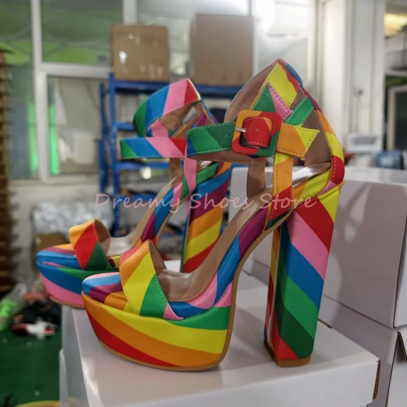 Rainbow Striped Satin Platform Block Heel Sandals Women Peep Toe Buckle Strap Hollow High Heels Fashion Trendy Party Club Shoes
Rainbow Striped Satin Platform Block Heel Sandals Women Peep Toe Buckle Strap Hollow High Heels Fashion Trendy Party Club Shoes