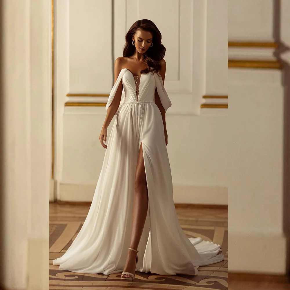 Off the Shoulder Chiffon Pleated Wedding Dress for Women Beaded A-line Court Wedding Bridal Gown with Split vestidos de novia
Off the Shoulder Chiffon Pleated Wedding Dress for Women Beaded A-line Court Wedding Bridal Gown with Split vestidos de novia